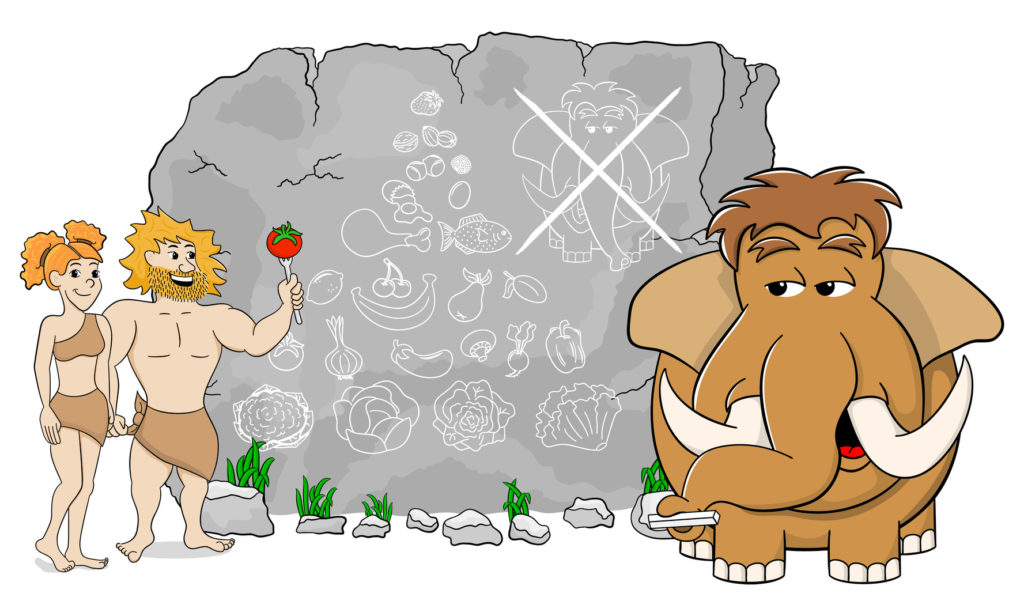 vector illustration of a mammoth explains paleo diet using a food pyramid drawn on stone